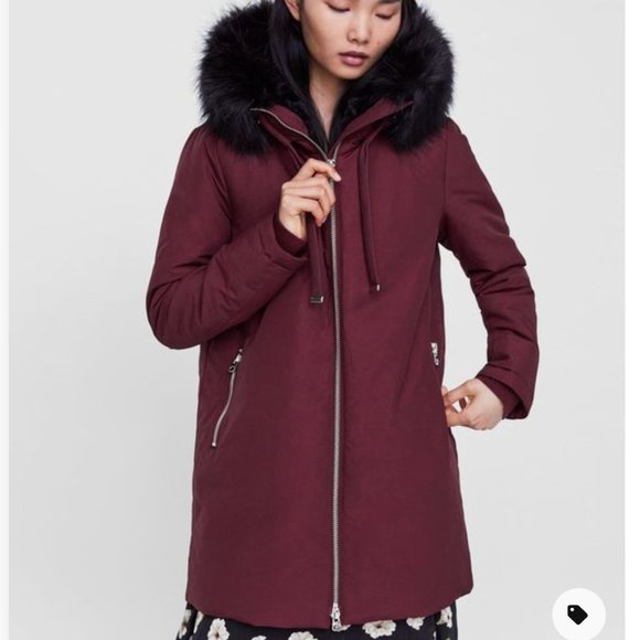 Zara Parka Acolchada Water Repellent Winter Coat Small burgandy - Picture 1 of 9